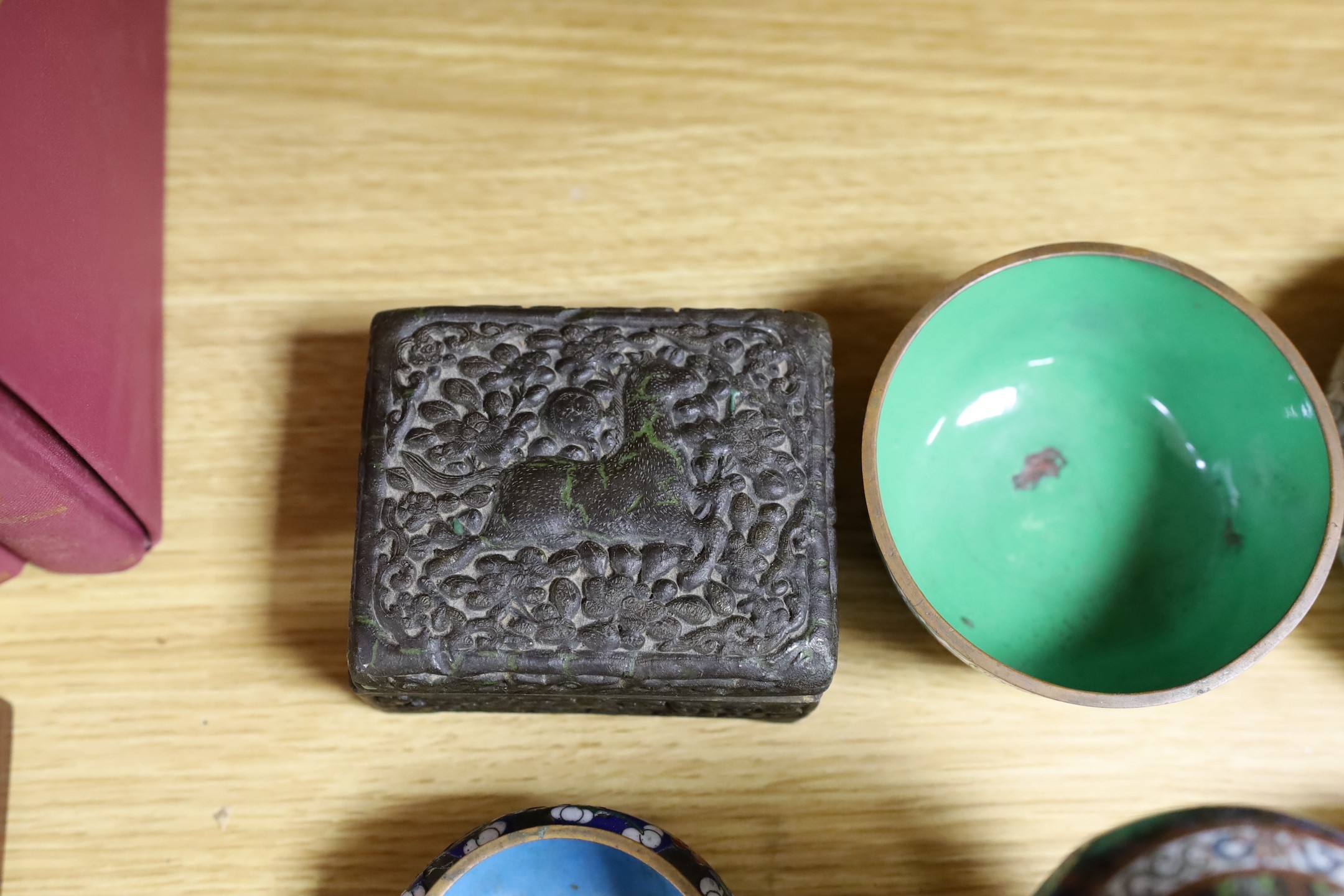 A group of Chinese and Japanese cloisonné enamel wares and a Continental enamel snuff box, largest 16cm